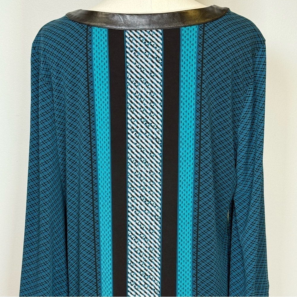 Alfani Tunic Top Faux Leather Trim Keyhole Neckline Striped Women’s Size Large - Picture 6 of 9